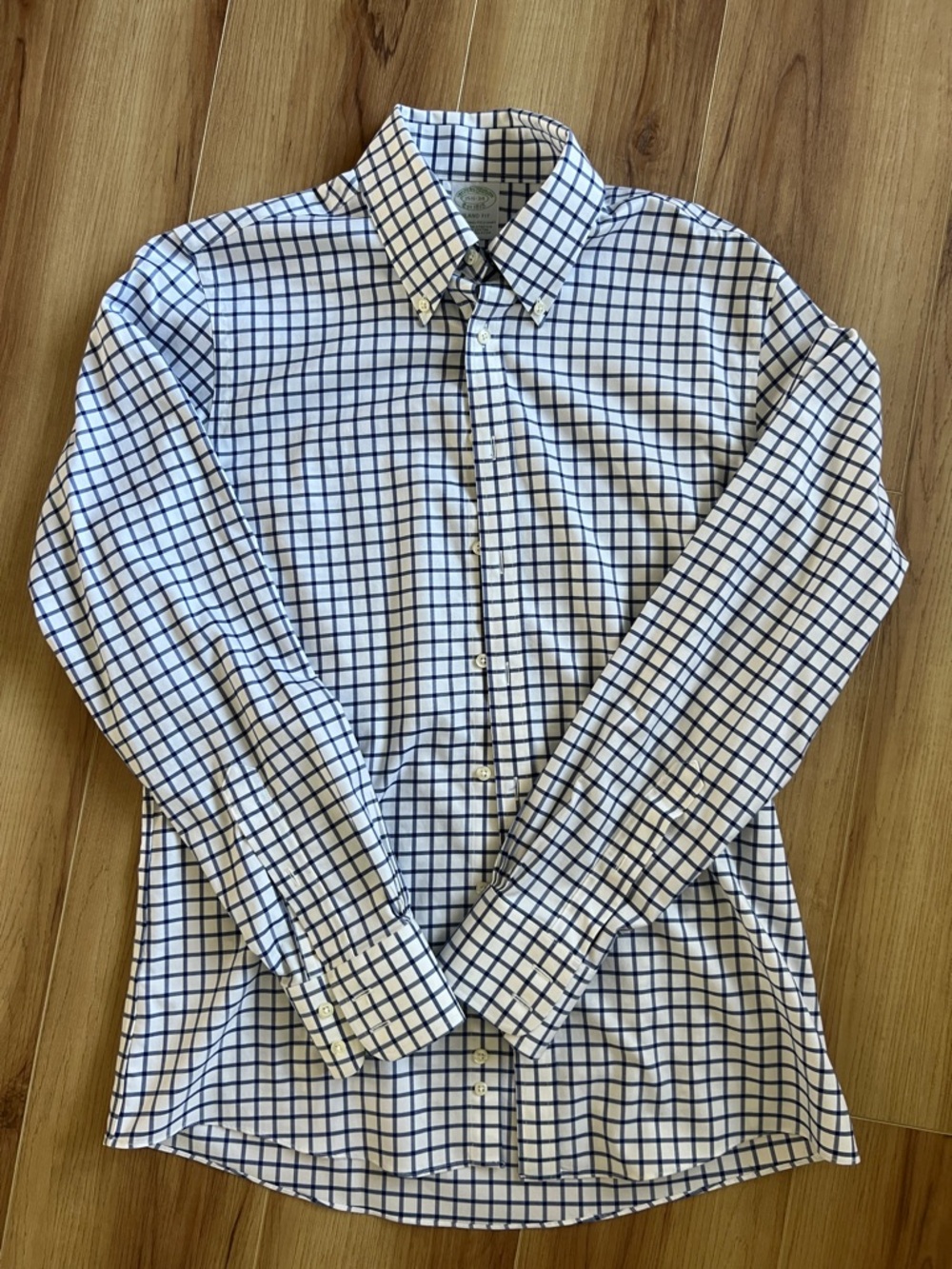 Brooks Brothers White Dress Shirt with Navy Windowpane Check